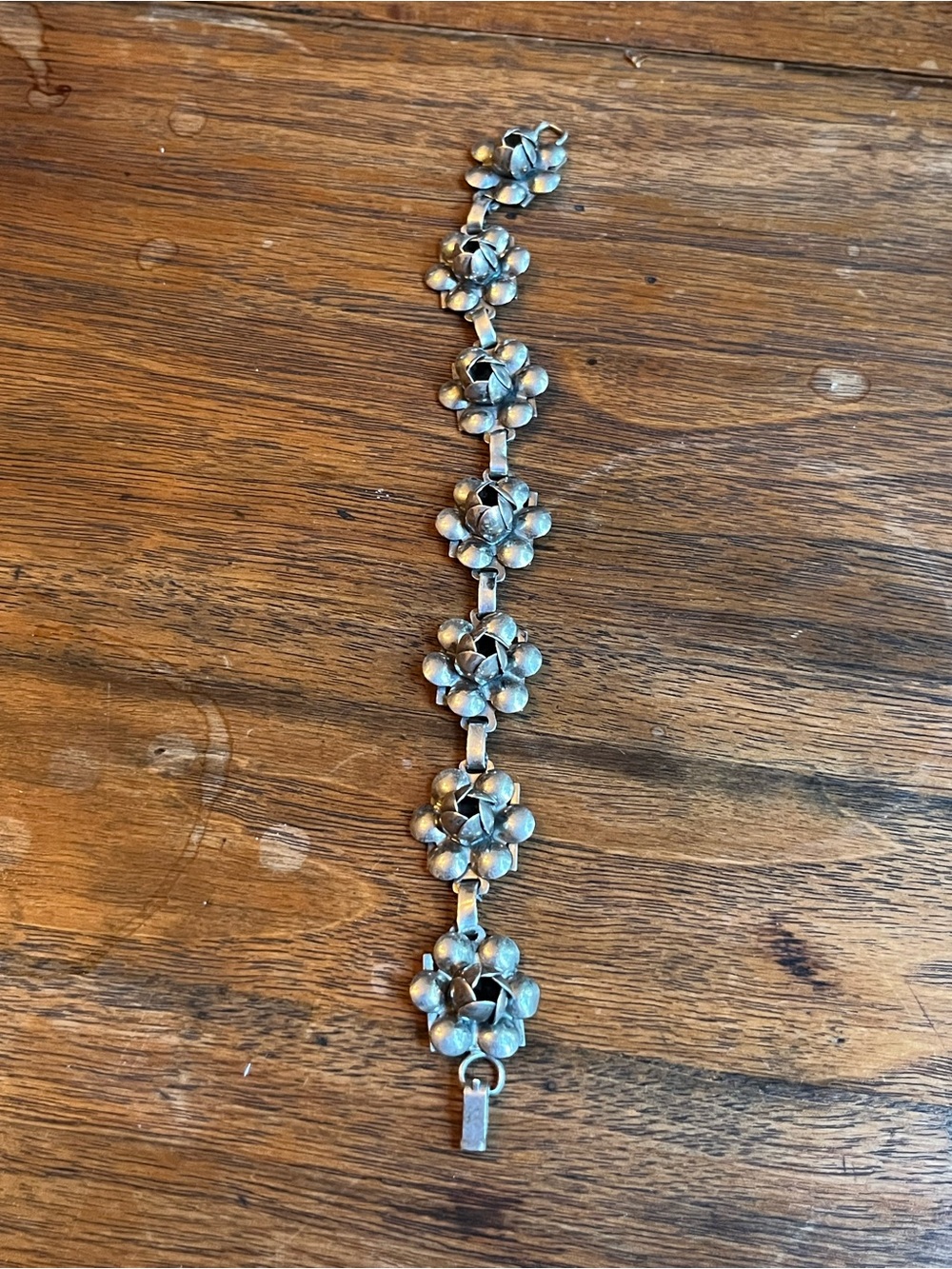 1950’s Handcrafted Sterling Silver Floral Link Bracelet in Patina Finish